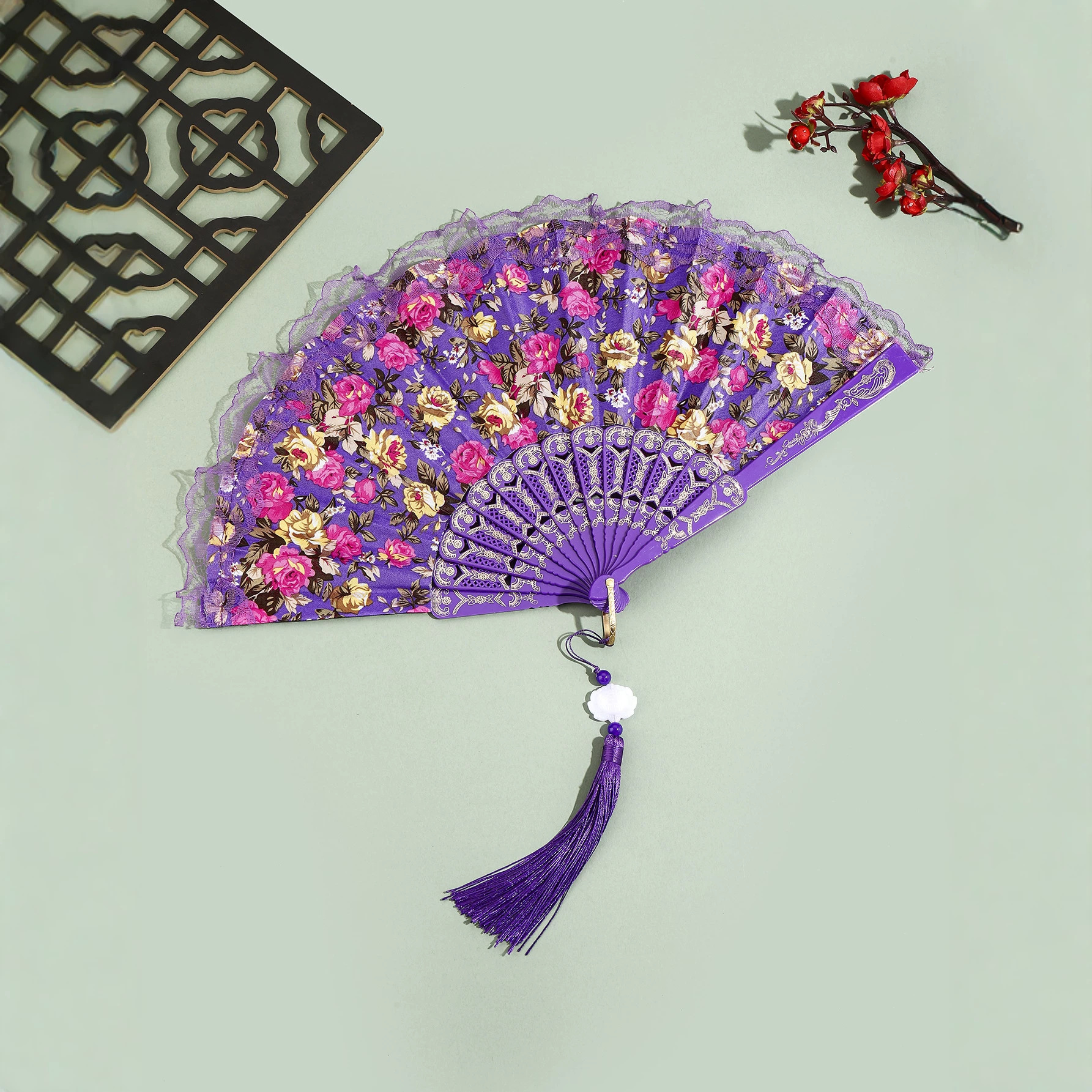 Abanico Plegable de Algodón con Borlas y Encaje para Decoración image 3