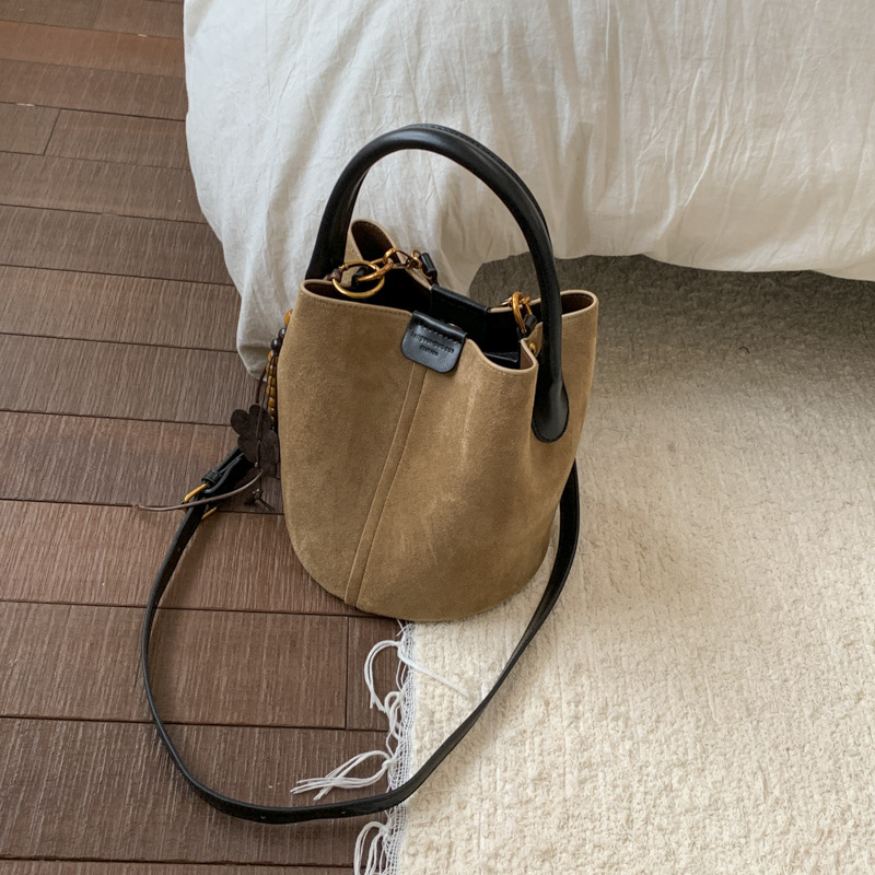 Lady Viscountess Retro Frosted Suede Bucket Bag Fashionable Satchel Vegetable Basket Mother Bag Casual Shoulder Crossbody Bag