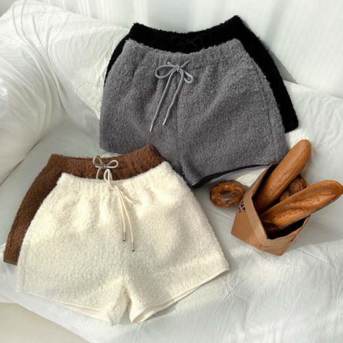 Uncle radish lamb cashmere shorts, women's winter casual pants, high-waist retro warm fluffy pants, loose wide-leg pants,