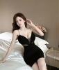 Mesh V-neck hollowed out low cut tight fitting bag with buttocks， split bottom， suspender， short dress