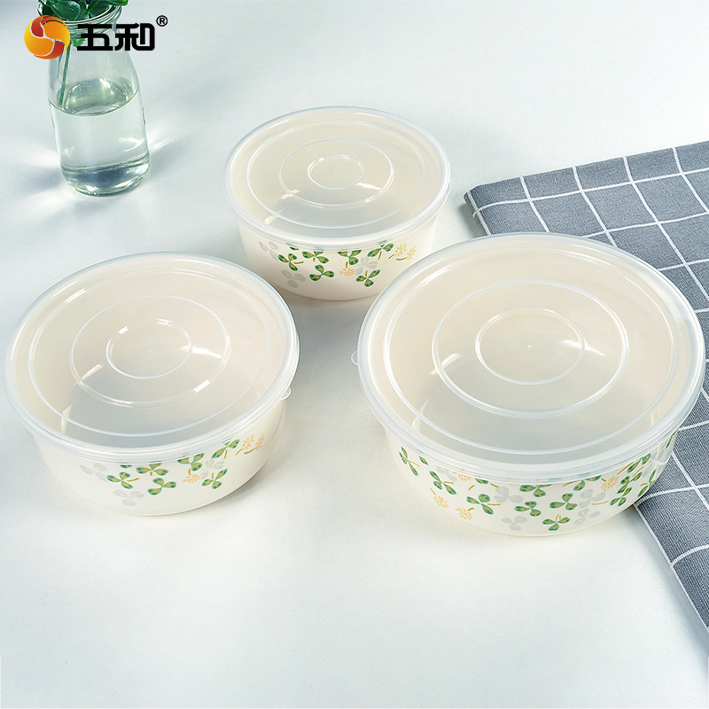 Wuhe cuenco de mantenimiento fresco de tres piezas cuenco de fideos instantáneos vajilla de melamina Flor de melocotón con fiambrera imitación de porcelana redonda Cuenco de sopa universal con tapa