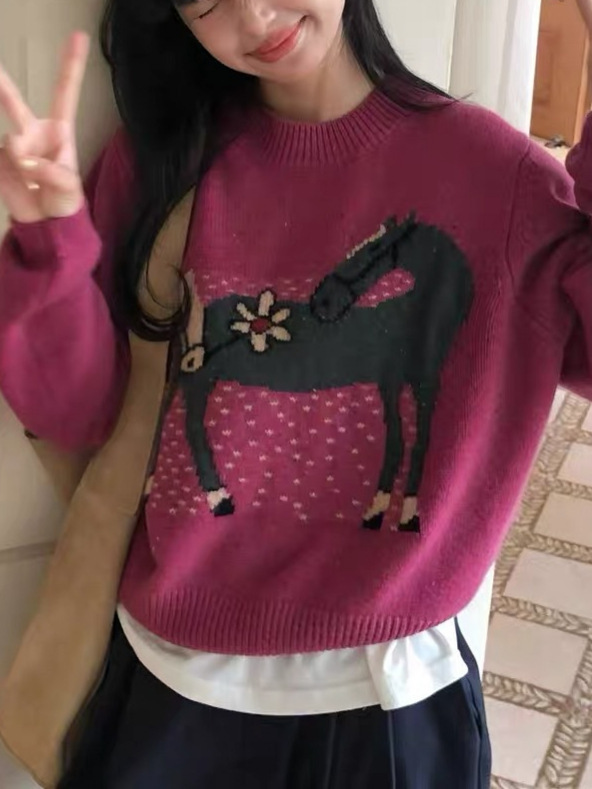 韩系卡通小马提花圆领套头毛衣女秋冬新款宽松时尚减龄针织衫上衣|undefined