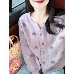 春と秋の新商品の洋風のシックな丸首五角星ジャカードニットのファッション的で優しいデザインのカーディガンの上着