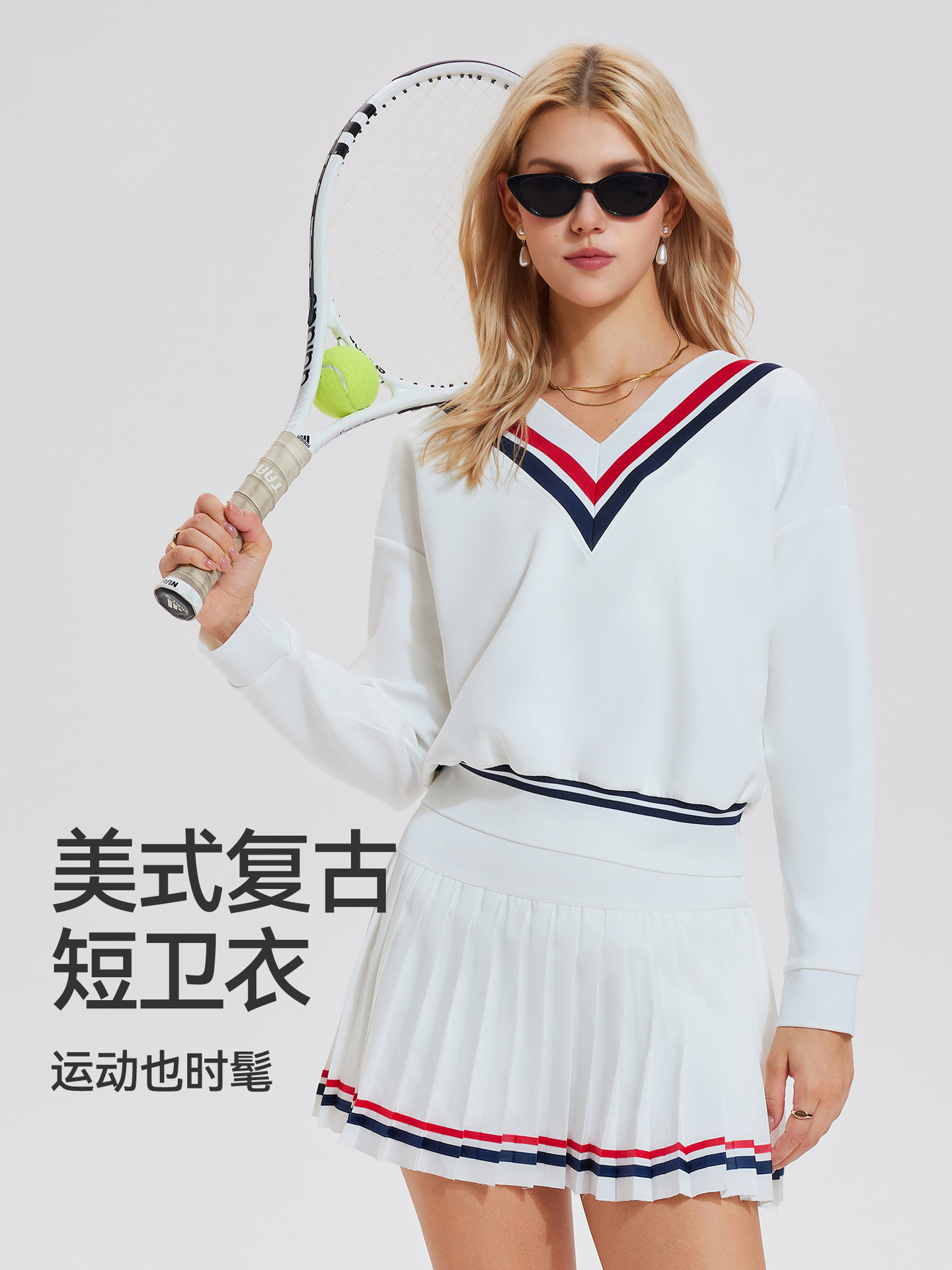 Caijue transfronterizo amazon camiseta deportiva femenina estilo americano retro relajado mangas largas de cuello en V de bádminton ropa de tenis femenina