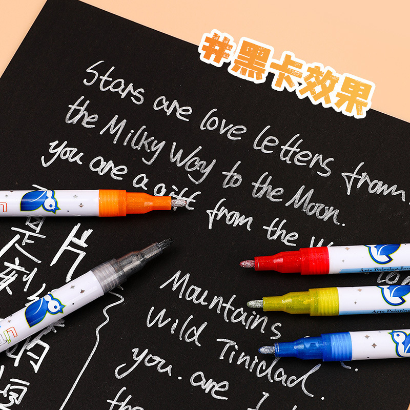 Doble línea de contorno pluma mano cuenta marca pluma Flash pluma marcador de metal oferta especial 12 traje de color plata Fondo pluma fluorescente