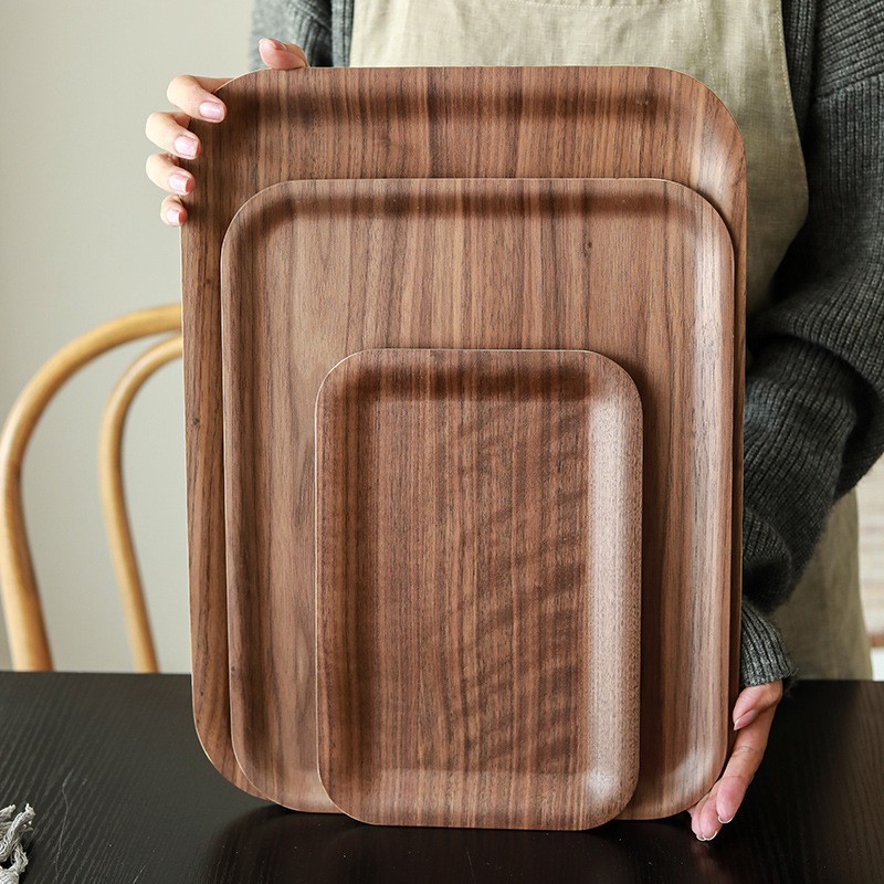 Bandeja rectangular de nogal japonés Plato de madera Plato de comida Taza de agua de café Taza de té Plato de bocadillos de frutas al por mayor para el hogar