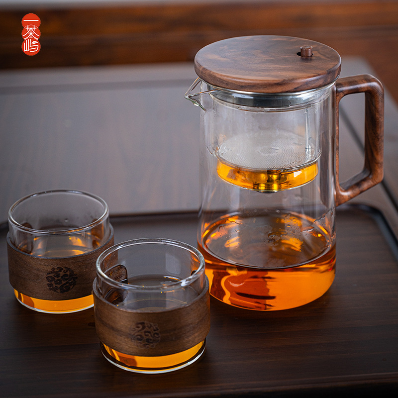 Yicha Yu Elegant Cup Tea Pot with One-Click Filtering, Walnut Wood, High Temperature Resistant, Full Glass Inner Liner, Tea-Water Separation Cup Yicha Yu Elegant Cup Tea Pot with One-Click Filtering, Walnut Wood, High Temperature Resistant, Full Glass Inner Liner, Tea-Water Separation Cup
