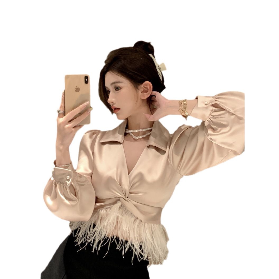 (2개) 새틴 셔츠 여성 디자인 센스 틈새 깃털 술 셔츠 가을 프랑스 V 넥 사교계 우아한 긴팔 탑