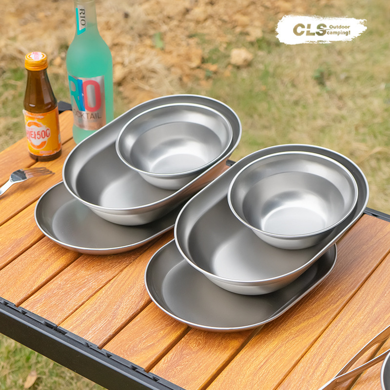 Cls Outdoor 304 Stainless Steel Dinner Plate 10-Piece Set Self-Driving Tour Portable Barbecue Camping Style Household Soup Basin Small Dishes