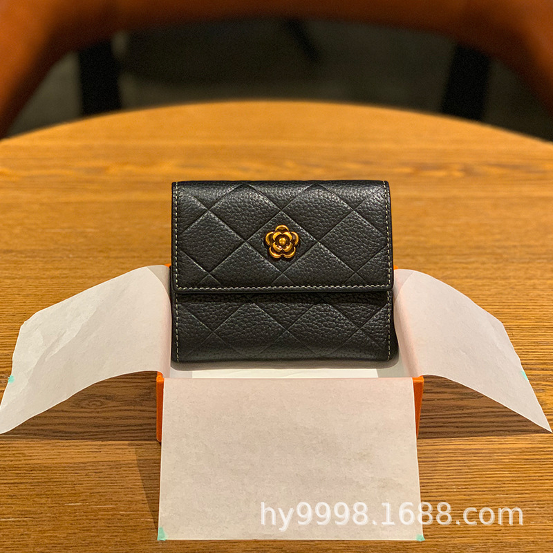 Genuine Leather Wallet Women's Short 2022 New First Layer Cowhide Women's Wallet Fashionable Camellia Flower Chanel Style Wallet