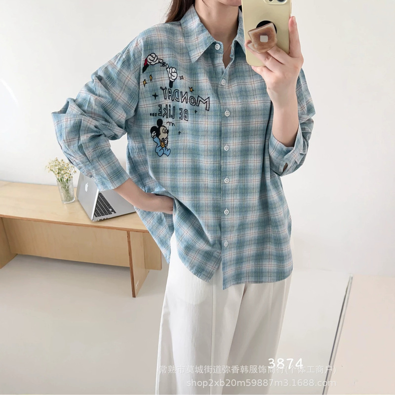 3874 Autumn New American Style Plaid Graffiti Print Loose Casual Versatile Long Sleeve Shirt