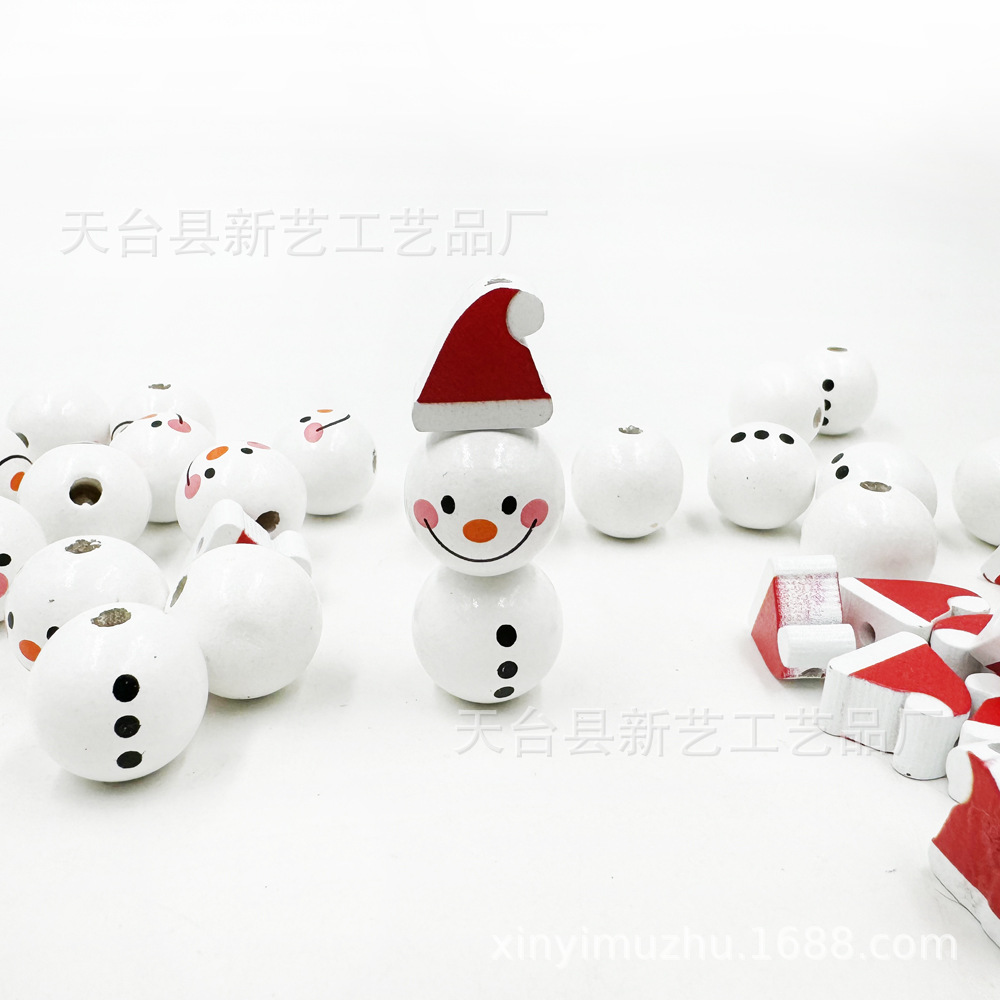 新艺20MM白色印花木珠 圣诞雪人彩色木珠DIY家居节日装饰木质串珠