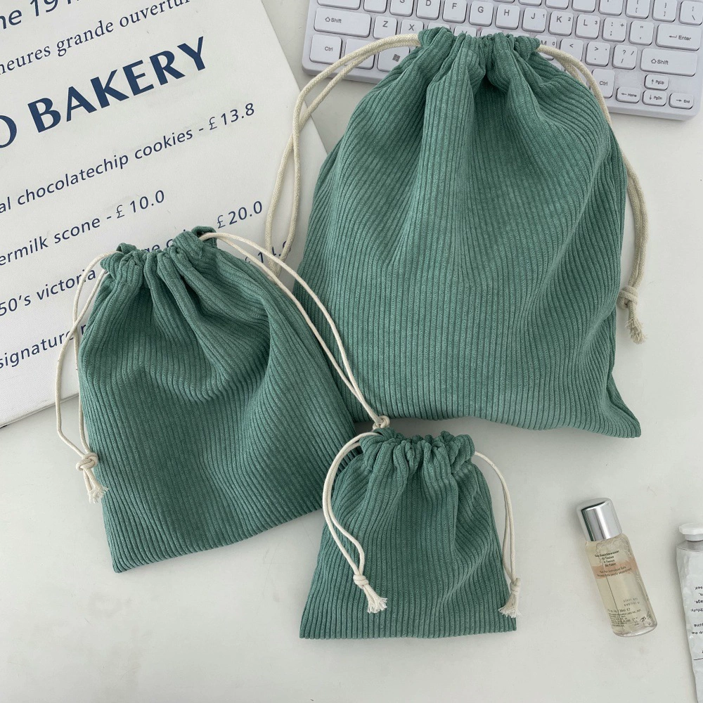 Corduroy Cosmetic Drawstring Bag Set, Handheld 3-Piece Kit — Small/Medium/Large