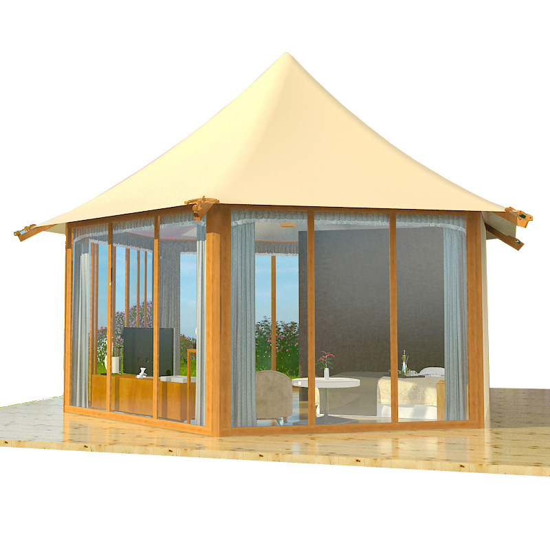 Hotel de tienda de campaña de pico único, atracciones al aire libre, techo de pendiente, tiendas de campaña de campo poligonal, fabricantes de tiendas de campaña de lujo