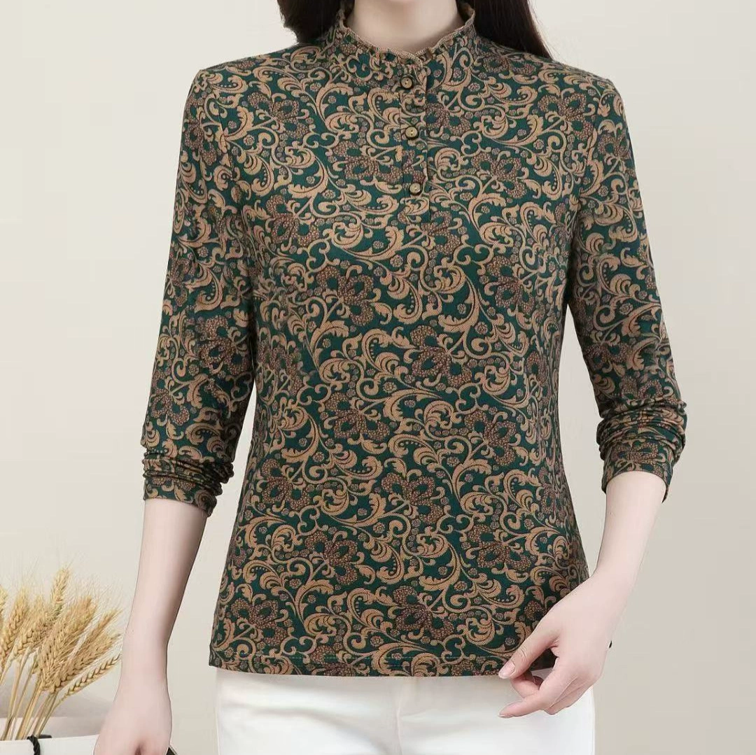 Зимняя утепленная модная женская одежда 2025 года: топ с воротником-стойкой, цветочным принтом, длинным рукавом, термо-футболка для мам