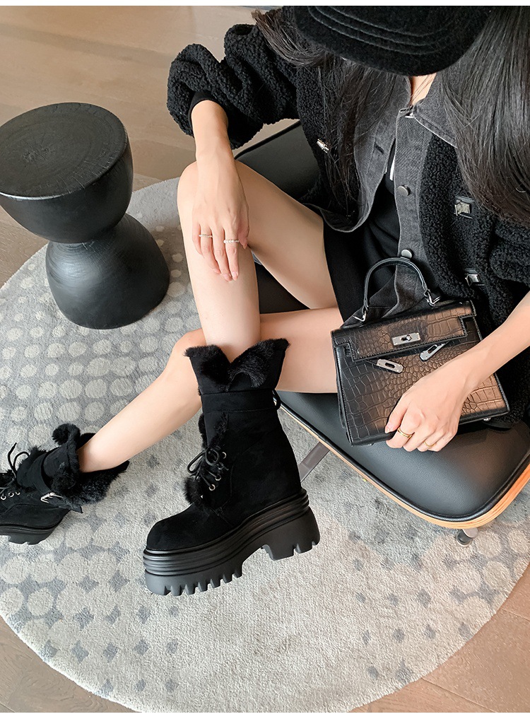 Boot nữ cổ cao ôm bắp chân đế nêm tăng chiều cao 12cm lót lông ấm — mơ 15cm chi tiết 10