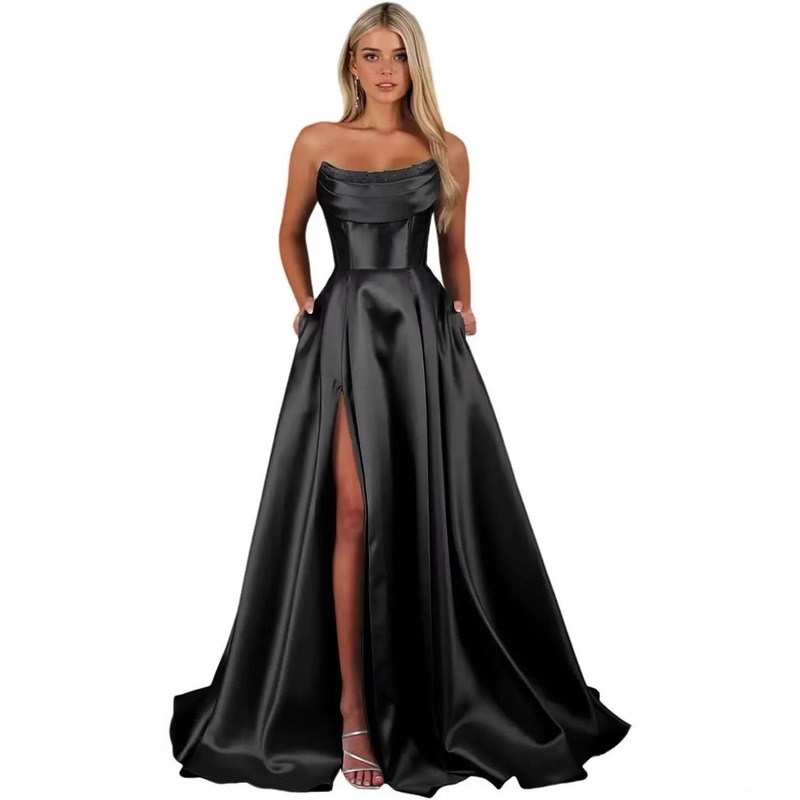 Amazon Strapless Solid Color Satin Long Evening Dress with Slit, Cross-Border European and American Style Ball Gown, Elegant and Fashionable