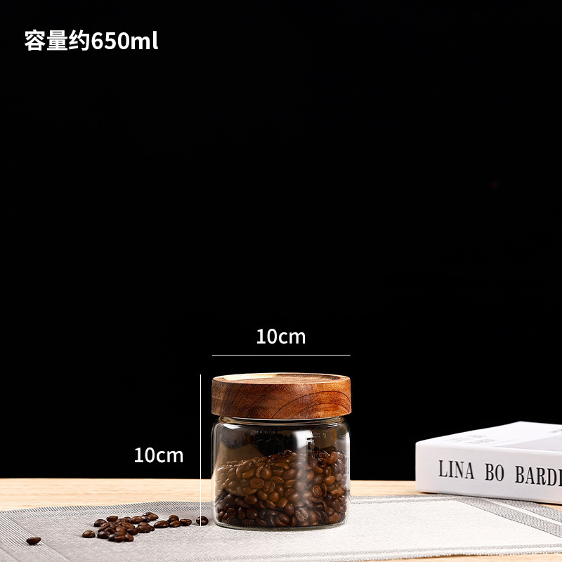 アカシア木製ガラス保存瓶コーヒー豆茶瓶キッチン穀物保存瓶高ホウケイ酸ガラス密封瓶|undefined