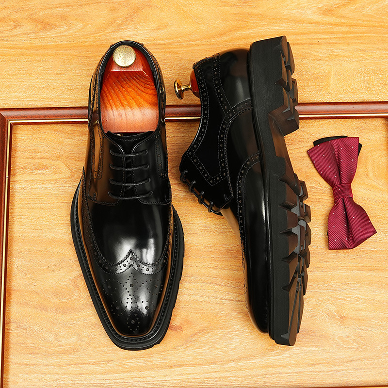 [pies] zapatos de cuero genuinos para hombres de negocios británicos cuero de vaca tallado en el interior con tirantes de cabeza cuadrada y zapatos de hombre marrones para bodas del novio image 4