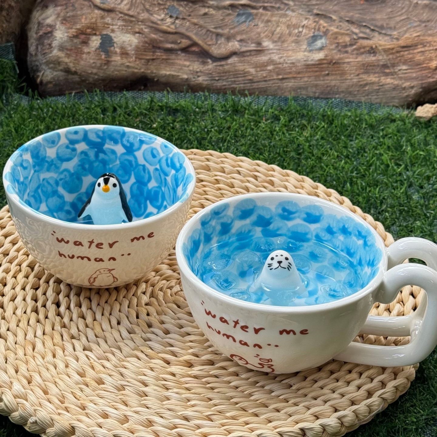 Korean-style healing little seal mug, double-handle ceramic water cup, atmospheric coffee cup, suitable for home use, and a perfect couple's set