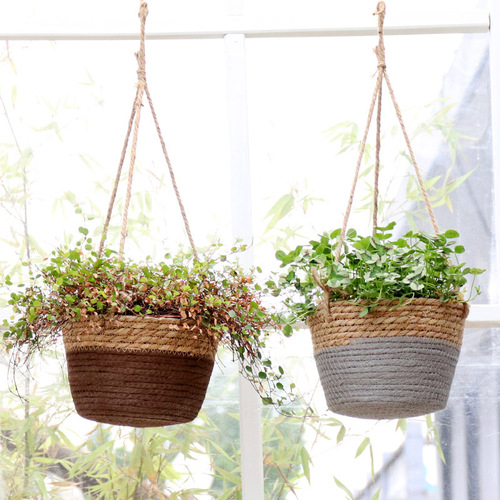 Creative Nordic style rattan flower basket hanging basket hanging pot pothos flower pot hemp rope hanging wall hanging straw decorative basket