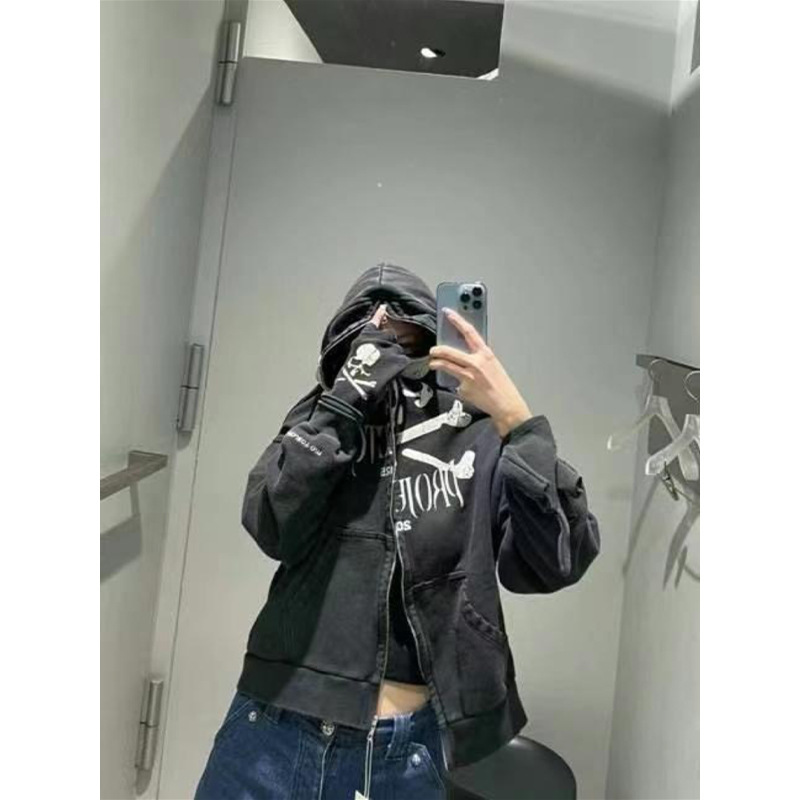 Grailz Projec Waste Soil Dressing Wash Skull Print Cardigan Hoodie Men's and Women's Jacket Coat