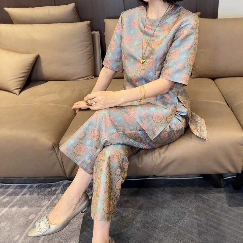 Летний комплект женской моды 2025 года в китайском стиле, ретро-принт с пуговицами, милый короткий рукав и длинные брюки