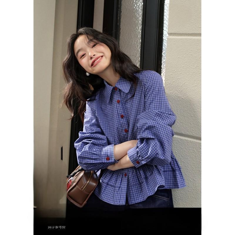 Wide Miu Blue Plaid Shirt Women's 2025 Summer New Ruffled Long-Sleeved Shirt Top Short Autumn Wide Miu Blue Plaid Shirt Women's 2025 Summer New Ruffled Long-Sleeved Shirt Top Short Autumn