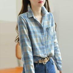 クロスボーダーの文芸の青い格子のシャツの女性の長袖の秋の服の新型の婦人服の毛のカジュアルなシャツの早秋の上着の女性