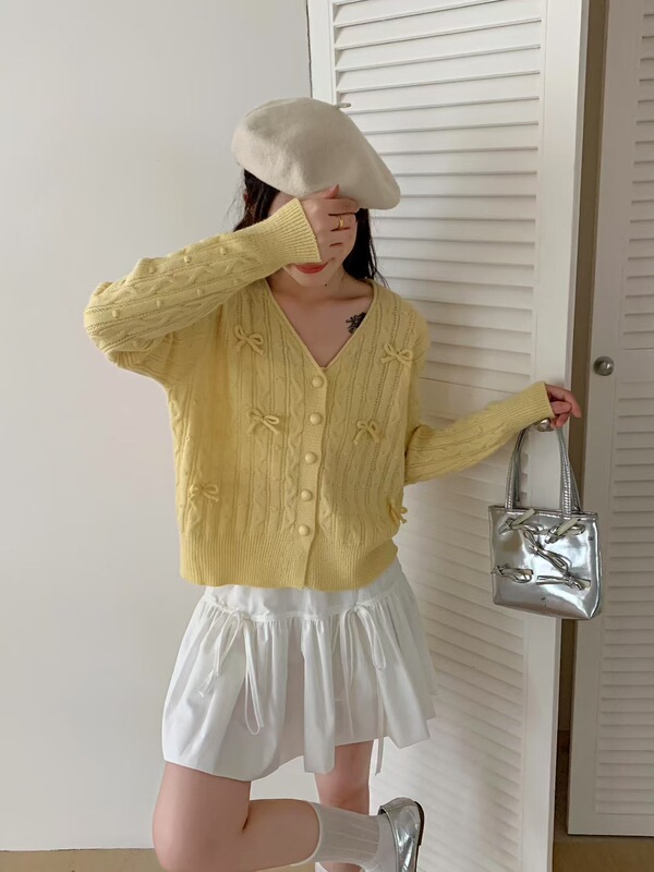 2025秋冬新款甜美蝴蝶结V领针织开衫女宽松温柔气质显瘦毛衣外套|undefined