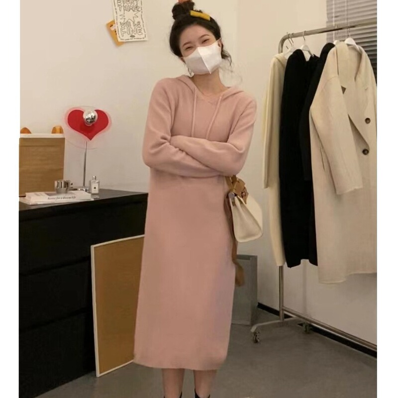 New Hooded Knitted dress Design Niche Slimming Autumn and Winter Long Loose Cream Inner Sweater Dress