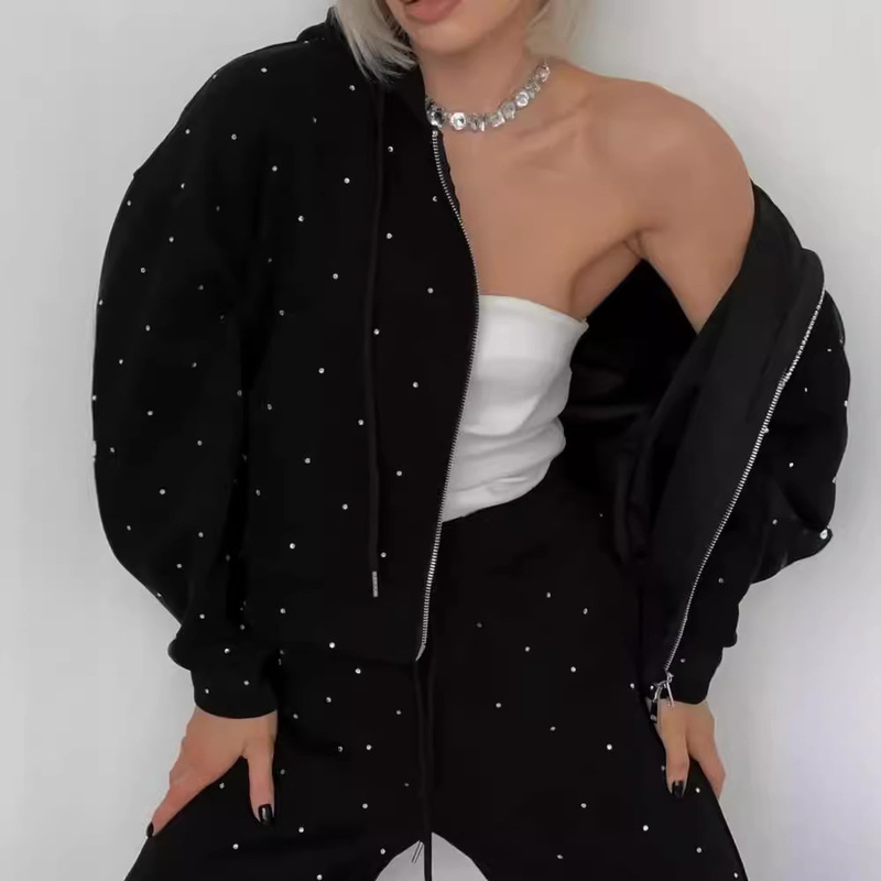 Foreign Trade Amazon Aliexpress Casual Rhinestone Hooded Sportswear Two-Piece Set for Women Loose-Fitting Women's Suit 2026 Winter Foreign Trade Amazon Aliexpress Casual Rhinestone Hooded Sportswear Two-Piece Set for Women Loose-Fitting Women's Suit 2026 Winter