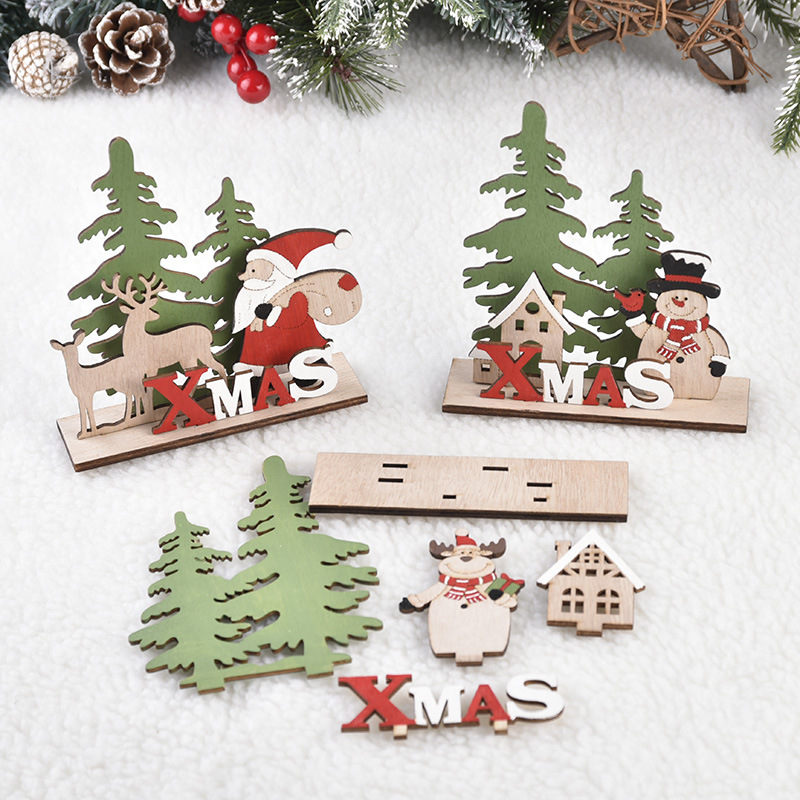 New Christmas Decorations, Wooden Christmas Ornaments DIY Children's Gift Small Gift Desk and Window Ornament