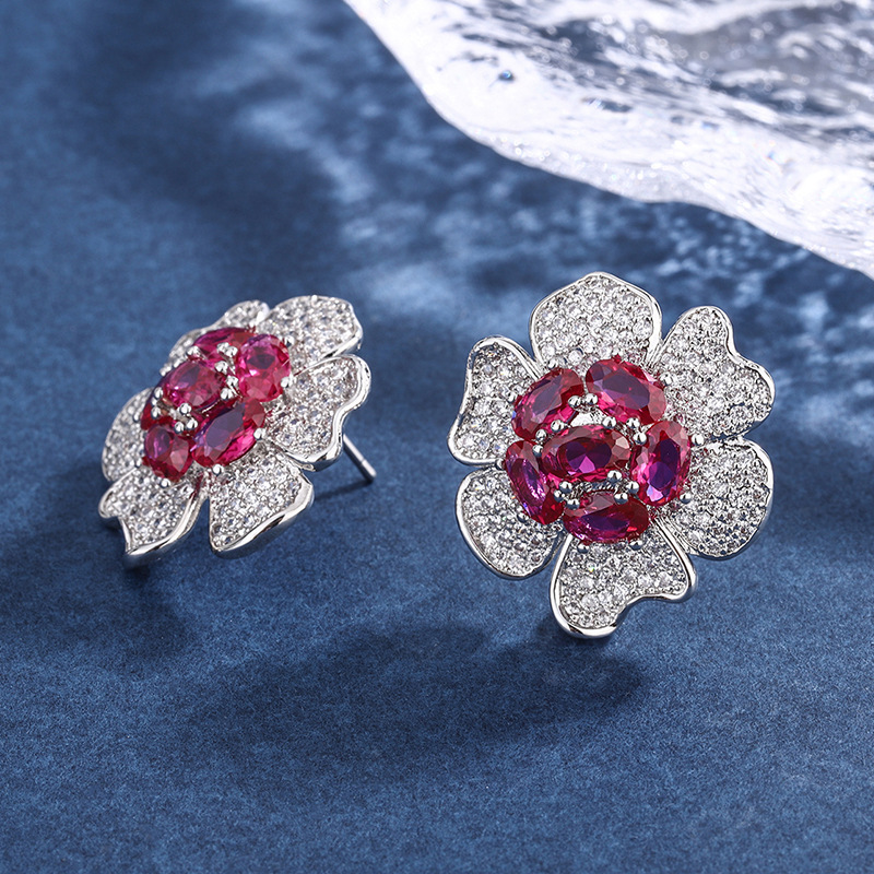Zhuang Sheng joyas elegantes pendientes de mujer tesoro colorido pendientes de oreja de Europa y América con Paloma artificial sangre roja joya en forma de flor