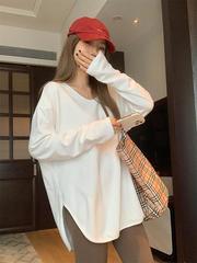 秋季叠穿宽松V领白色长袖T恤内搭女基础磨毛加绒开叉上衣长款打底