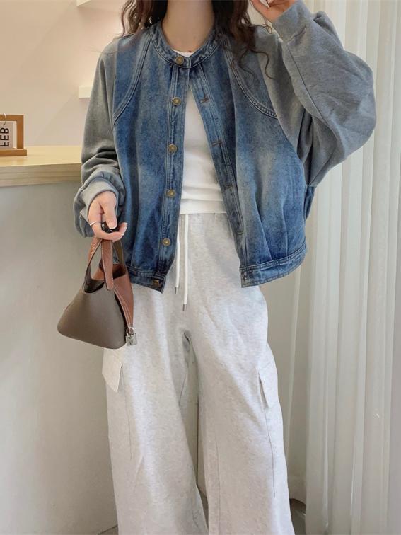 European Station 2025 Spring Hong Kong Style Round Neck Retro White Washed Sweater Sleeves Spliced ​​Fashionable Denim Jacket