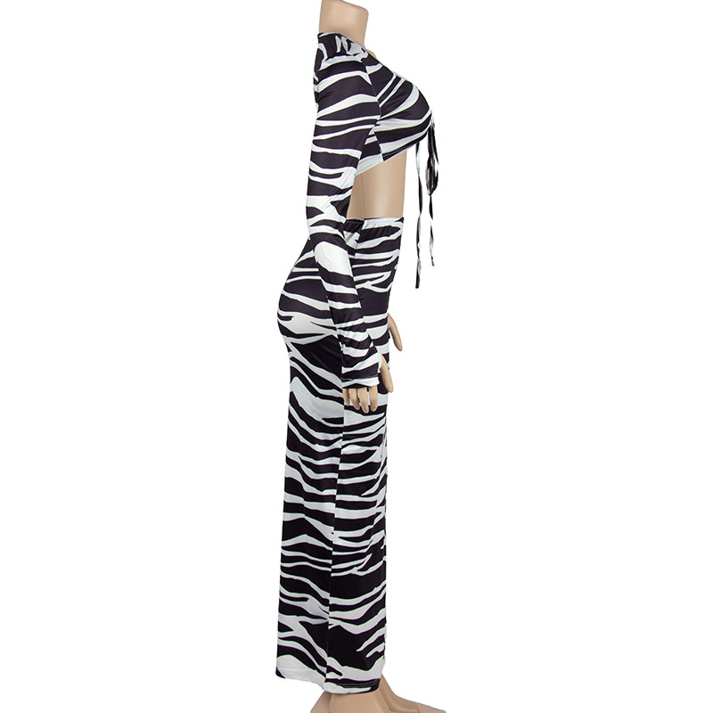 Autumn Zebra Print Long Sleeve Lace up Cropped Top Split Set