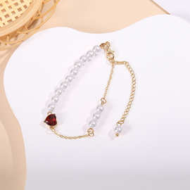 韩国新款时尚红色爱心心形珍珠手链百搭简约气质少女轻奢手环批发