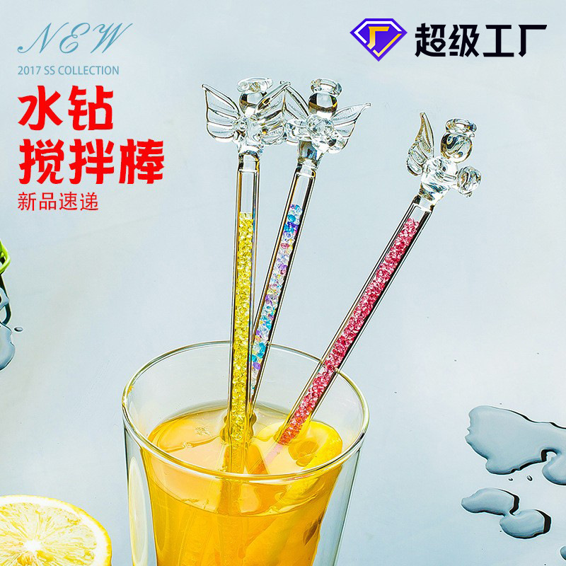 Entrega de una sola pieza de vidrio Ángel varilla de agitación café leche en polvo leche té bebida taza de jugo varilla de agitación ventas directas de fábrica