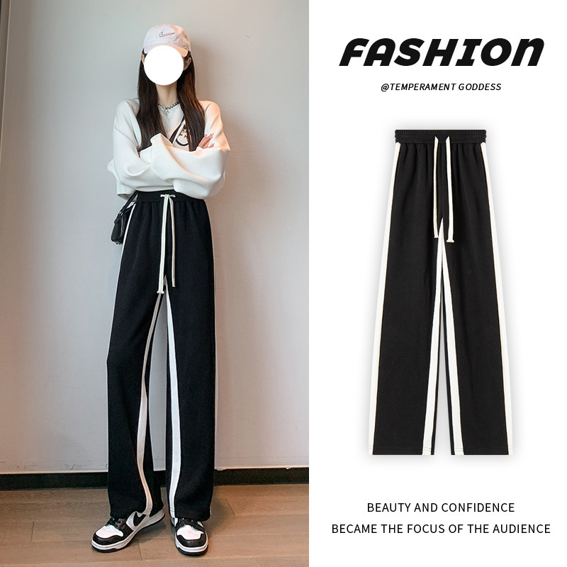 black Wide leg pants stripe Pear-shaped figure Show thin 2022 Autumn new pattern Drape Straight Easy Casual pants