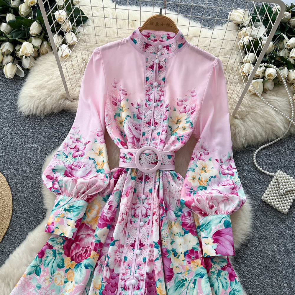Elegant Stand Collar Lantern Sleeve Printed Dress for Women Autumn Youthful And Flattering a Line Skirt with a Belt_ecoleips.com