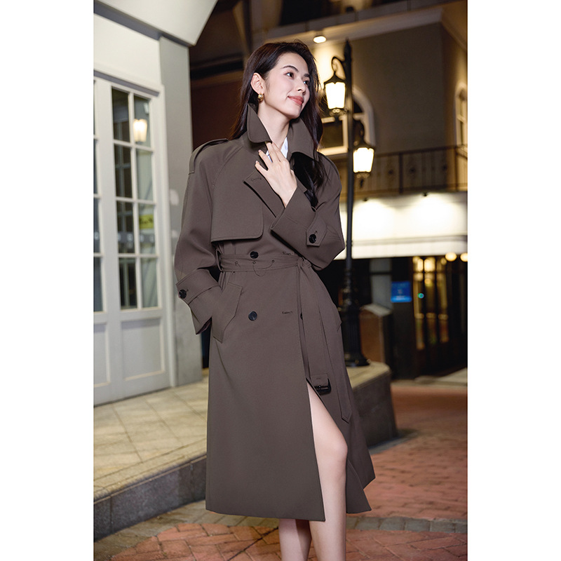 Women's Trench Coat, Mid-Length, 2025 Autumn, Turn-Down Collar, Double-Breasted, Belted, British Style, Khaki Trench Coat