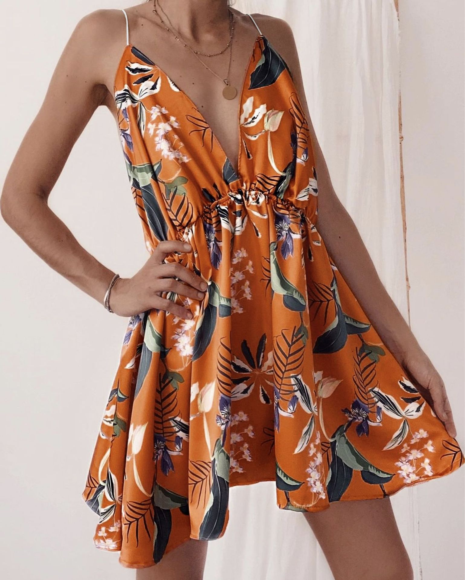 Print Backless Sling v neck short Dress NSMDF126479