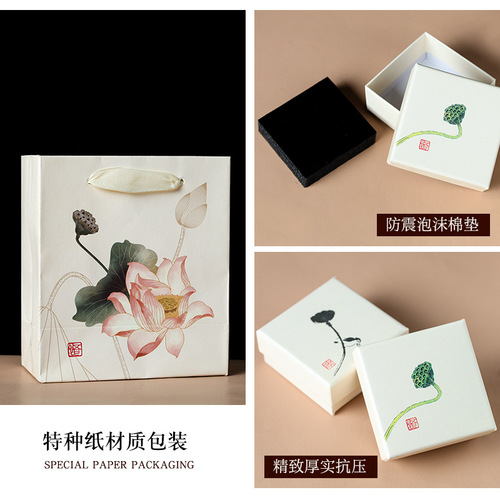 Chinese-style Gift Box Collection: Ring, Pendant, Bracelet and Jewelry Packaging Boxes with Lotus Decor