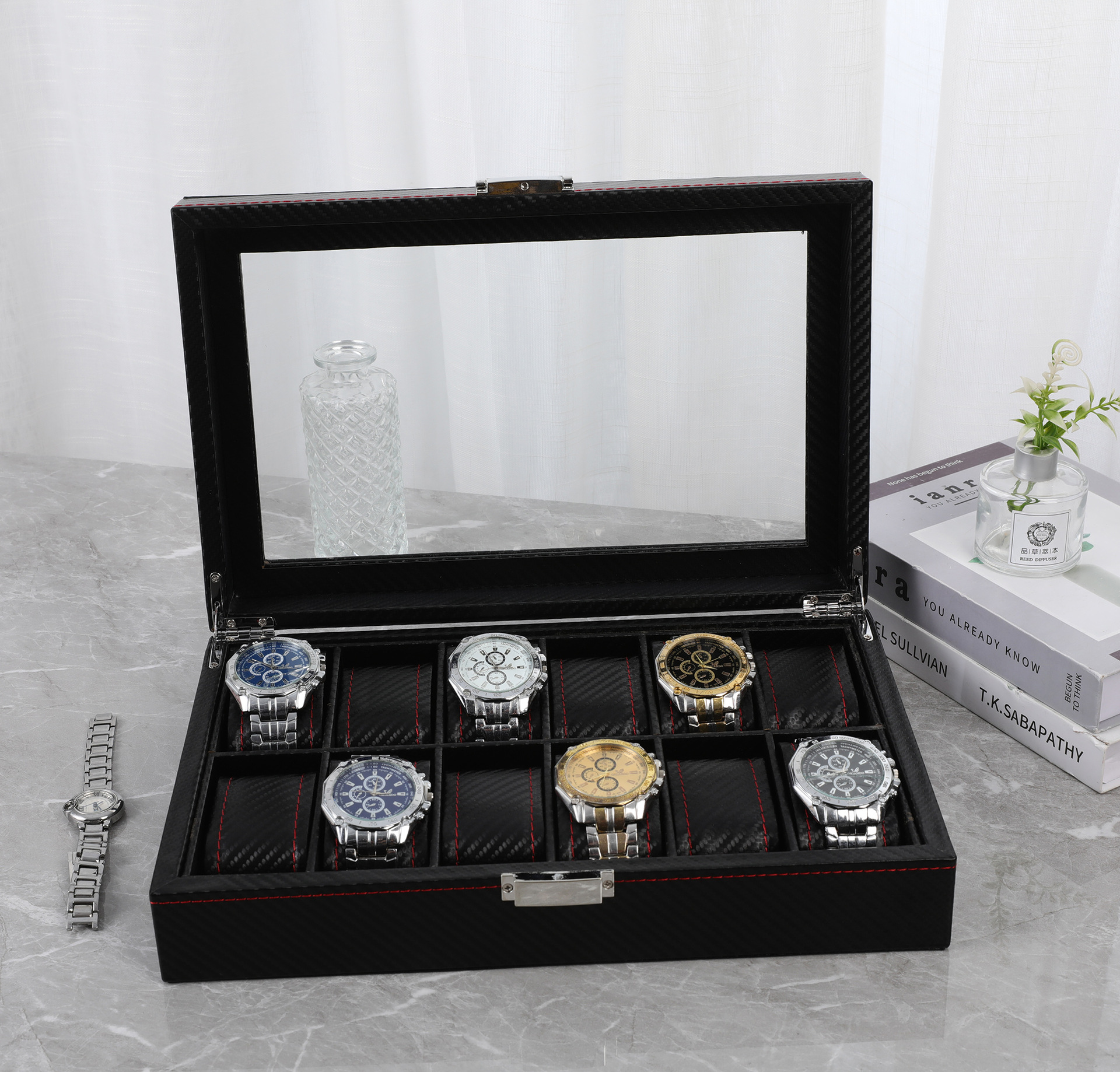 black 12 lady jewelry Jewelry watch gift Packaging box Cross border WINDOW carbon fibre Source of goods List box