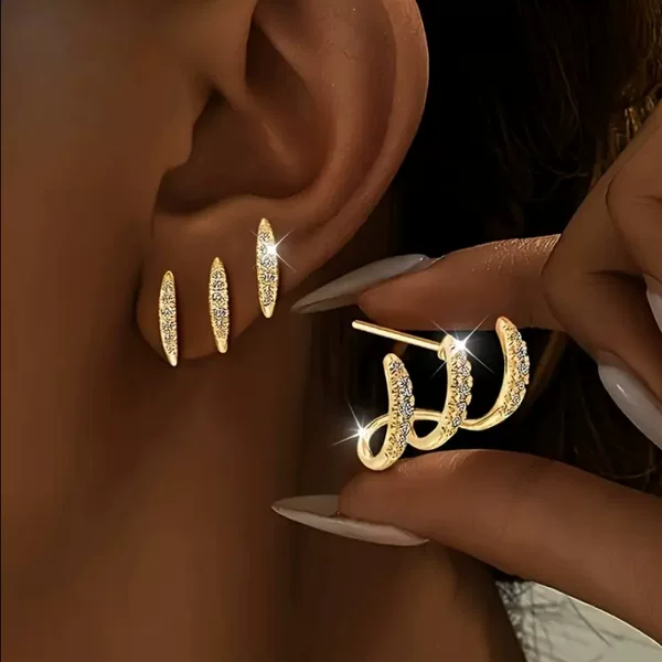 Cross-Border Fashion Minimalist New Earrings with Zircon Inlay, Cool Style Design, Three-Layer Curved Ear Studs
