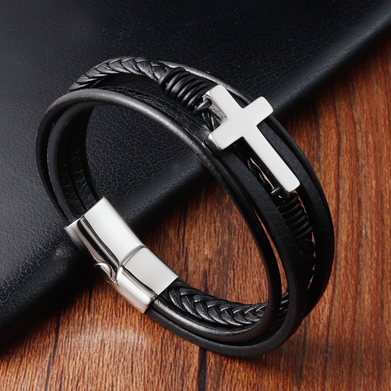 30g Weight Bracelets Classification Leather Chain Material 1 Piece Quantity Daily Occasion Leather, Titanium Steel Material Cross Pattern Men's Gender Layered, Polishing Design Retro, Ethnic Style Style Retro Ethnic Style Cross Leather Titanium Steel Layered Polishing Men's Bracelets Men Cord & Leather Bracelets 5