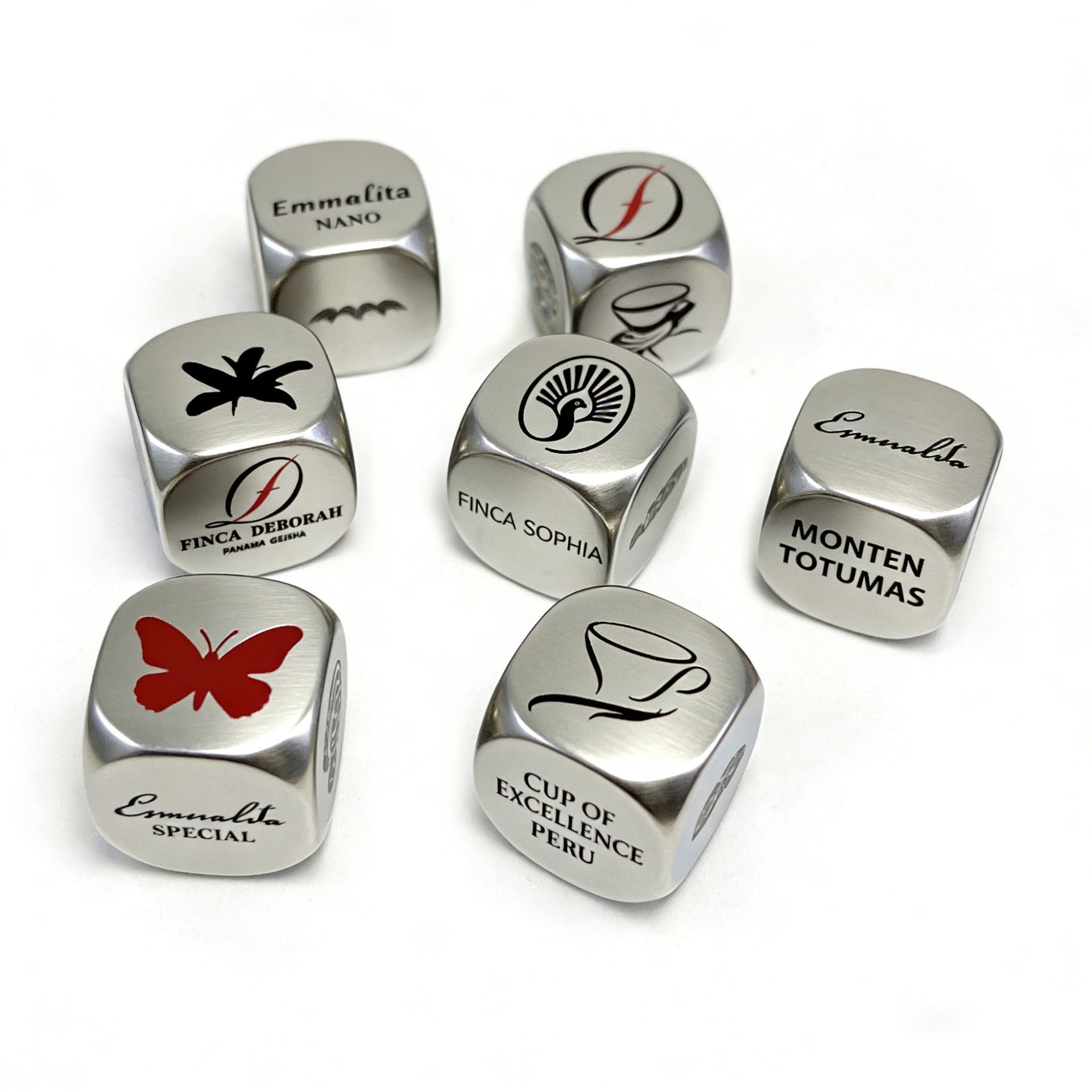 Cross-border stainless steel dice, engraved with fun designs, featuring food-themed patterns, lettering, and personalized content for decision-making games