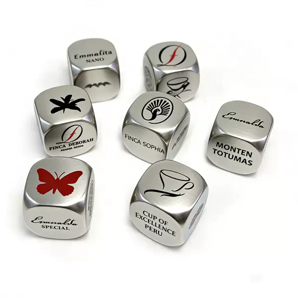 Cross-border stainless steel dice, engraved with fun designs, featuring food-themed patterns, lettering, and personalized content for decision-making games