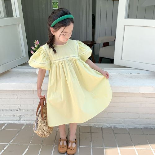 Elmo Beibei Girls Hollow Puff Sleeve Princess Dress Children's Korean Style Simple Western Style Thin Cotton Dress Summer